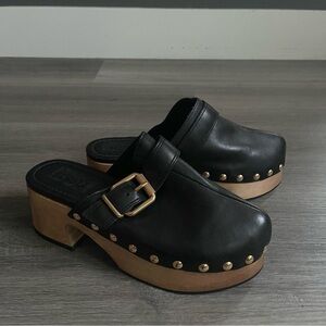 Schutz Leather Clog Mules Studded Wood Platform 90s Scandi Minimal Editorial NWT